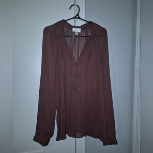LOFT Burgundy Long-Sleeve Sheer Button V-Neck Blouse Size 14